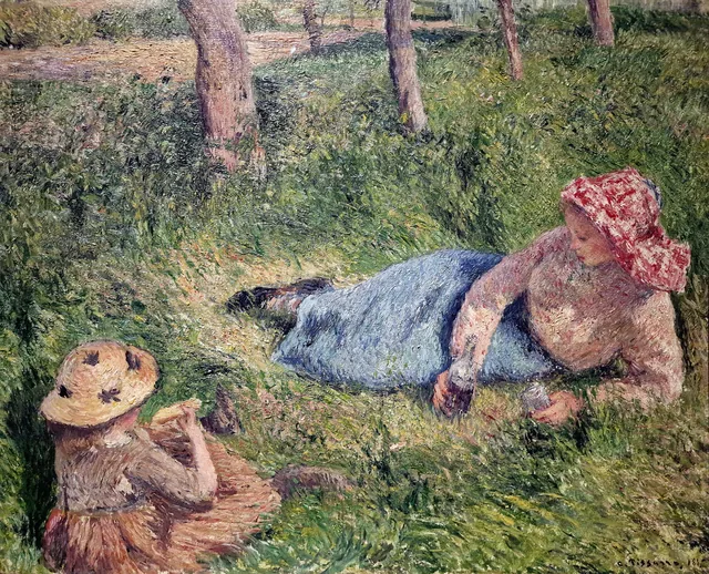 Afternoon Break, Girl and Young Peasant Woman Resting, Camille Pissarro