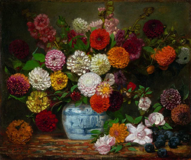 Still Life with Dahlias, Zinnias and Hollyhocks, Eugene Delacroix