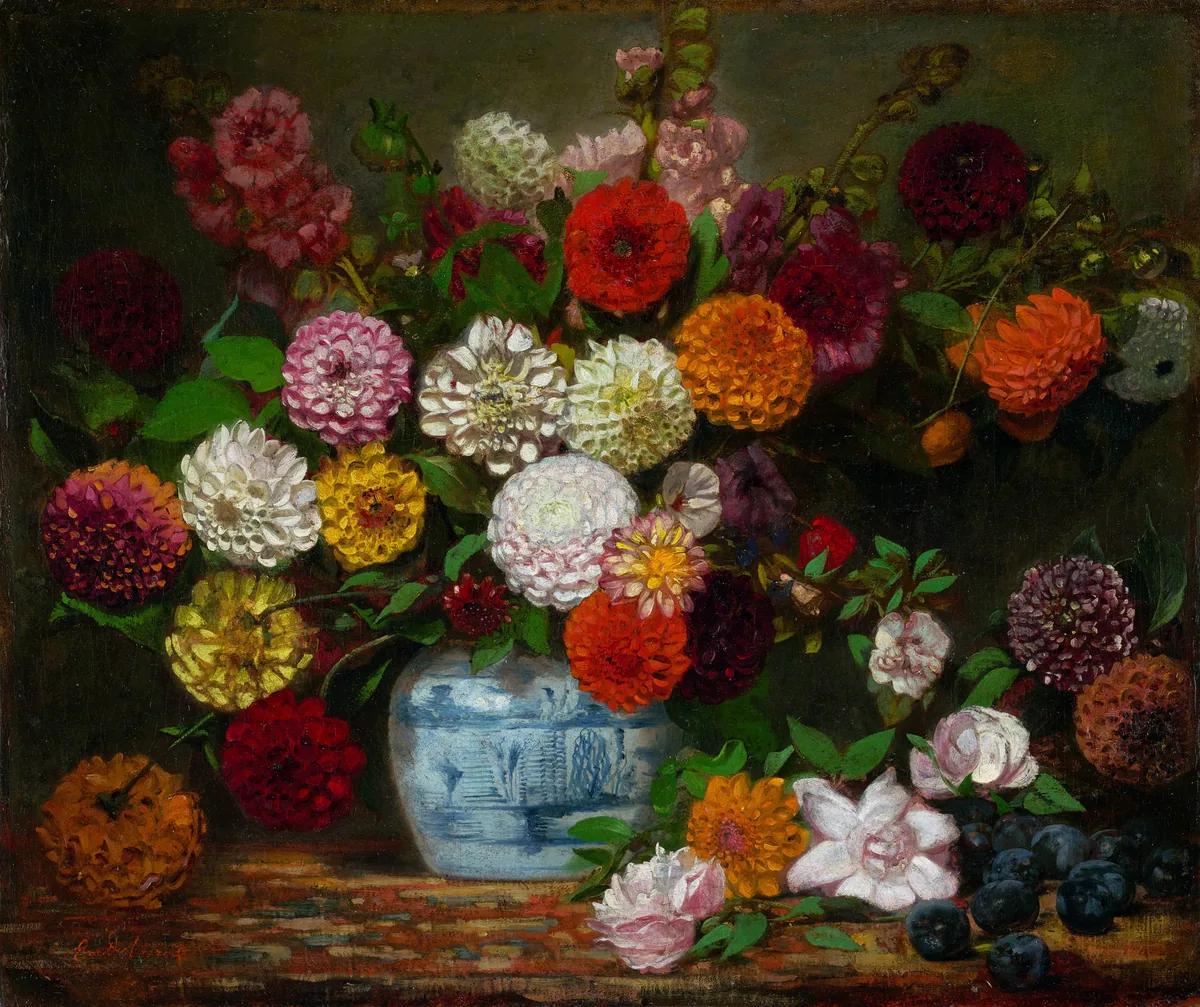 Still Life with Dahlias, Zinnias and Hollyhocks, Eugene Delacroix